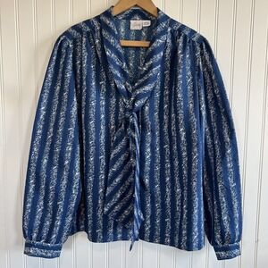 Vintage Pykettes Striped Secretary Blouse Bow Tie Neck Long Sleeve Women Blue